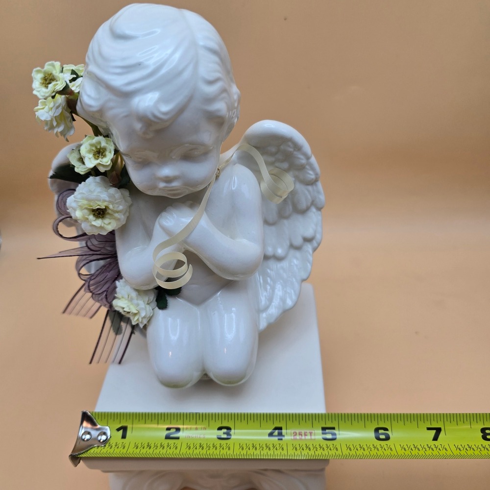 Vintage White Ceramic Rotating Cherub Angel Figurine on Pedestal with Flowers - Picture 16 of 16